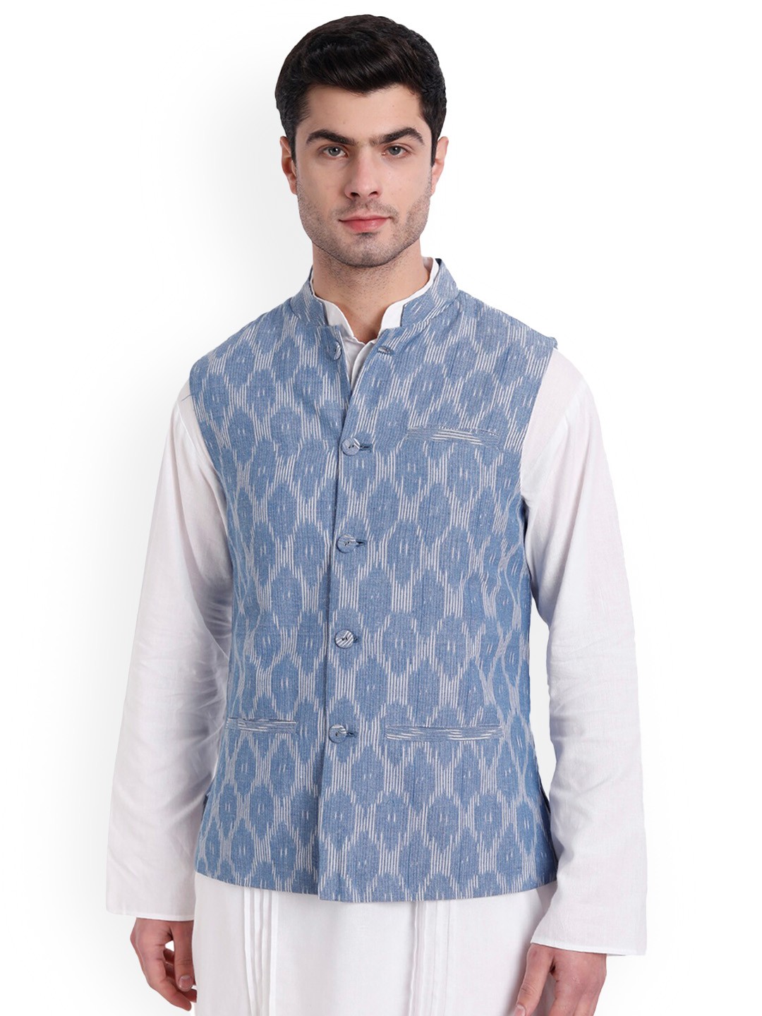 

Aashima Wahal Ikkat Printed Pure Cotton Nehru Jackets, Blue