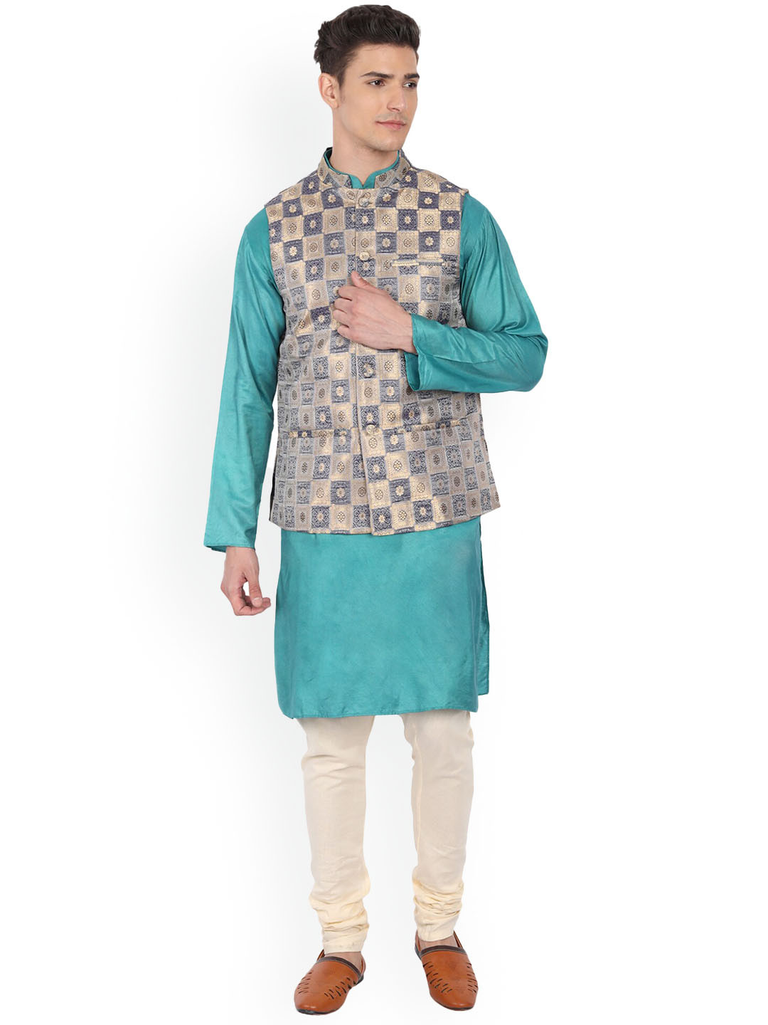 

Aashima Wahal Ethnic Motifs Woven Design Pure Silk Nehru Jackets, Gold