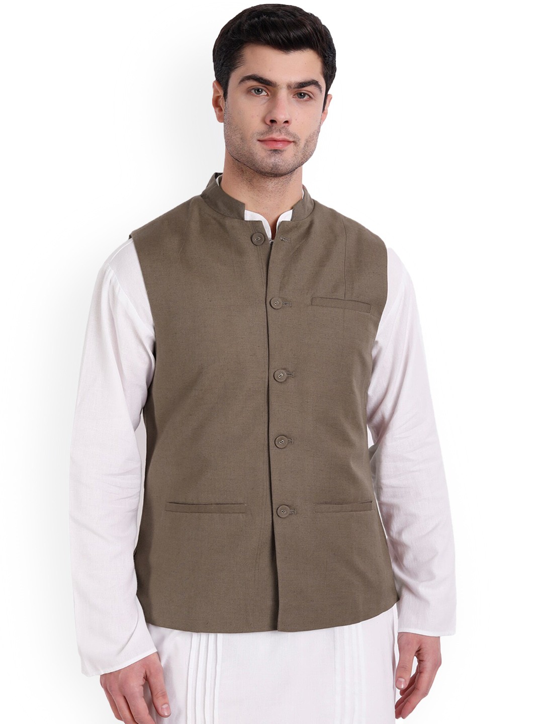 

Aashima Wahal Mandarin Collar Linen Nehru Jackets, Brown