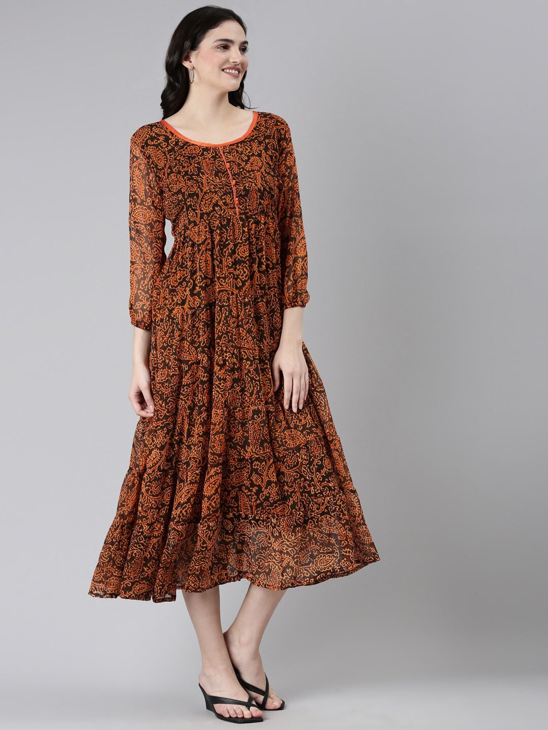 

Souchii Ethnic Motifs Printed A-Line Midi Dress, Coffee brown