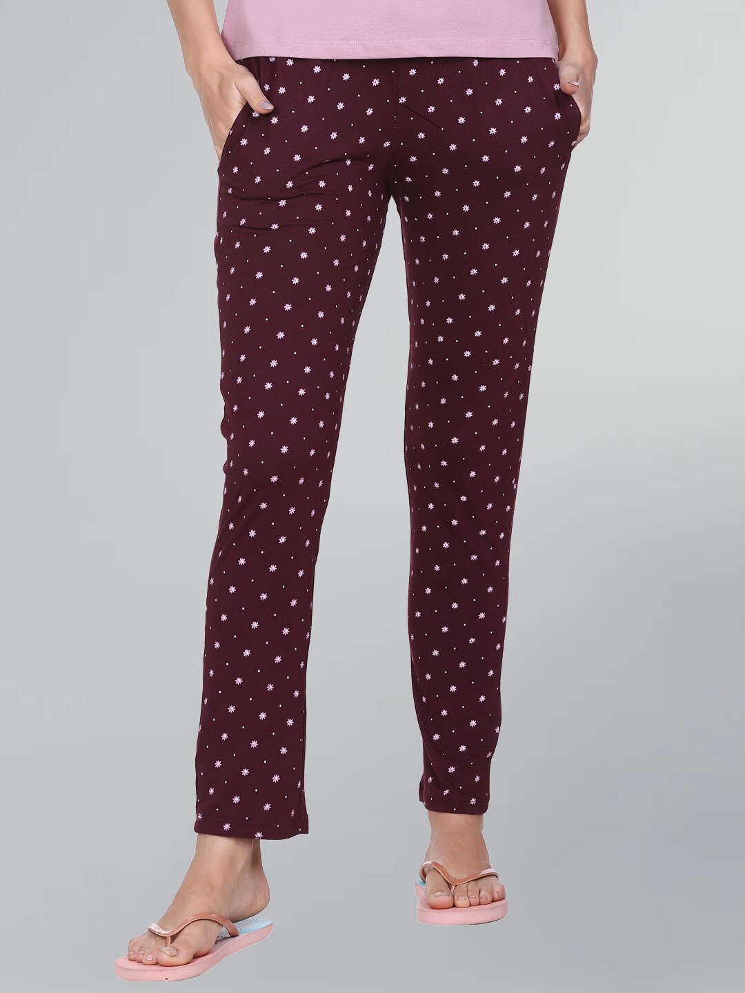 

GODFREY Women Slim Fit Printed Cotton Lounge Pants, Maroon