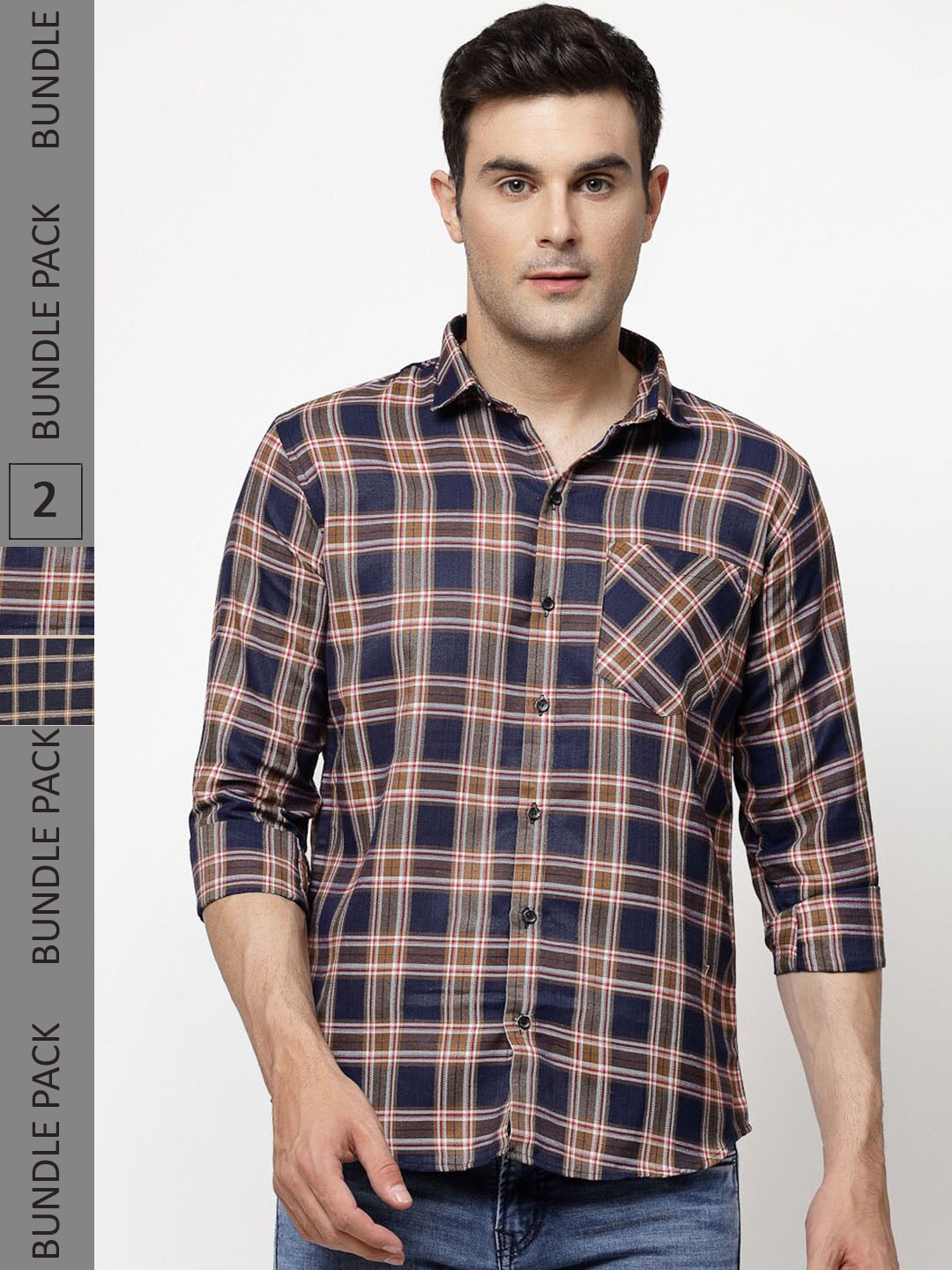 

ADWYN PETER New Pack Of 2 Tartan Checks Cotton Casual Shirts, Navy blue