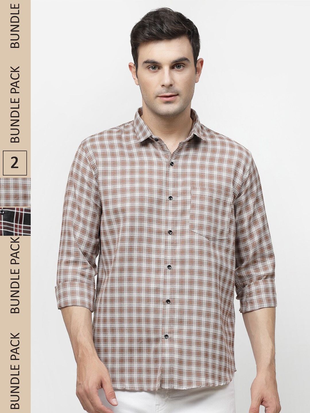 

ADWYN PETER New Pack Of 2 Checked Cotton Casual Shirt, Beige