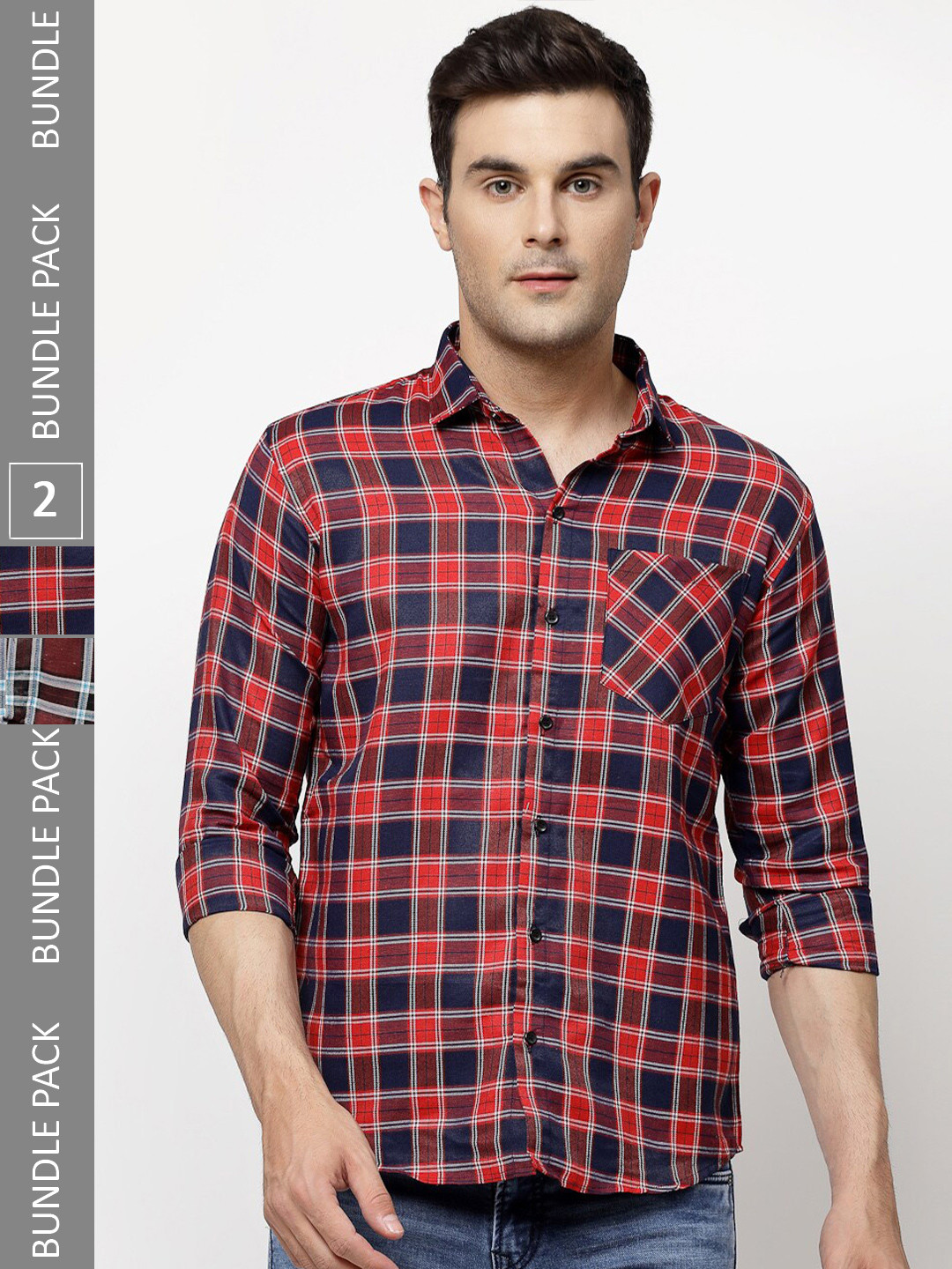 

ADWYN PETER New Pack Of 2 Tartan Checked Cotton Casual Shirt, Navy blue