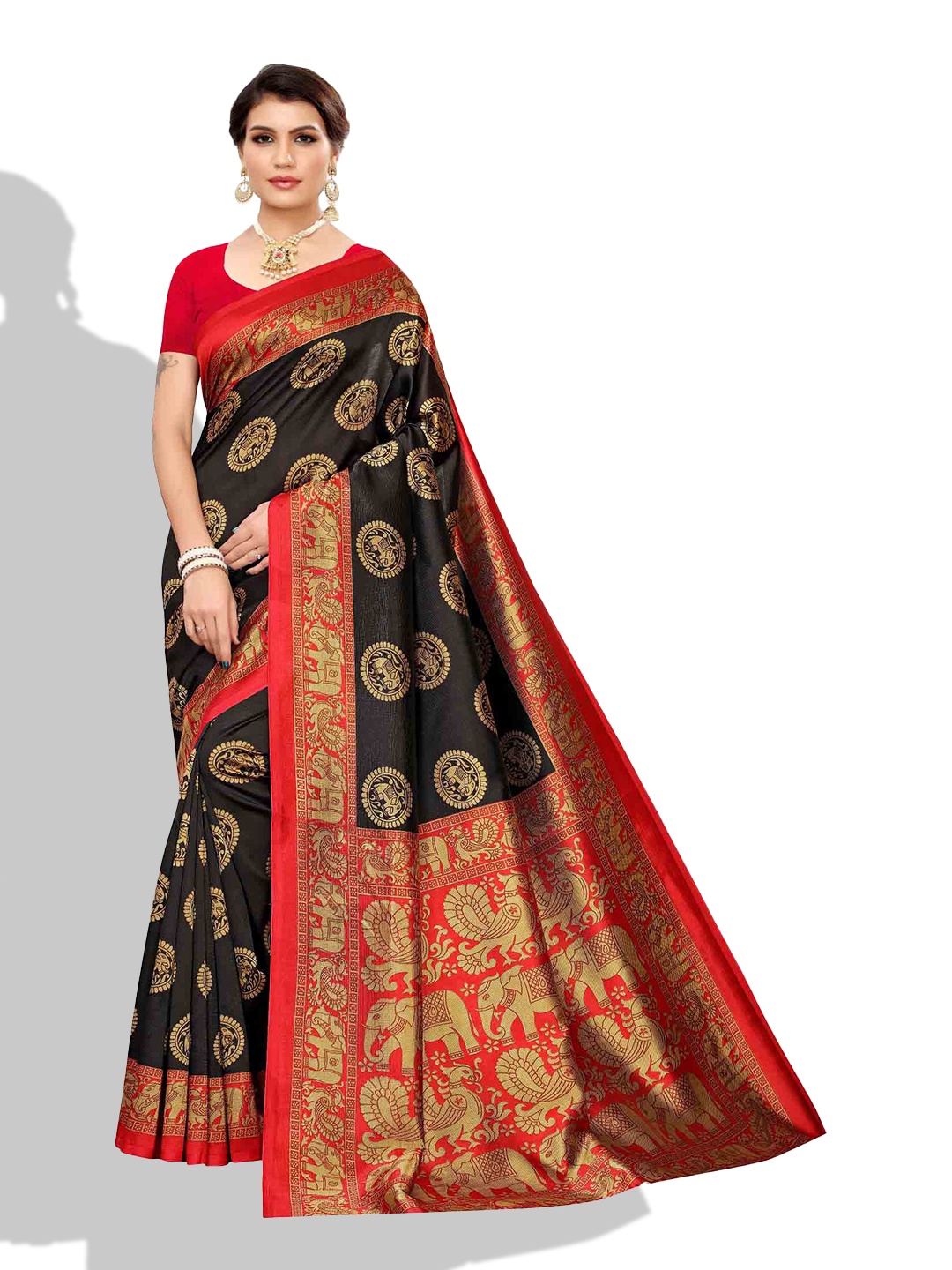 

MAGMINA Ethnic Motif Zari Art Silk Banarasi Saree With Blouse Piece, Black
