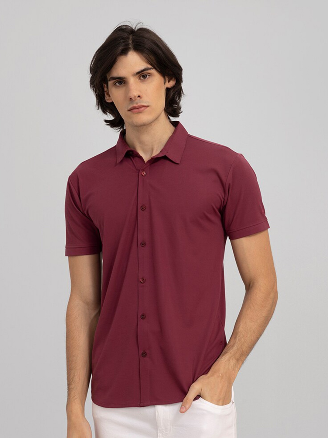 

Snitch Burgundy Slim Fit Cotton Casual Shirt