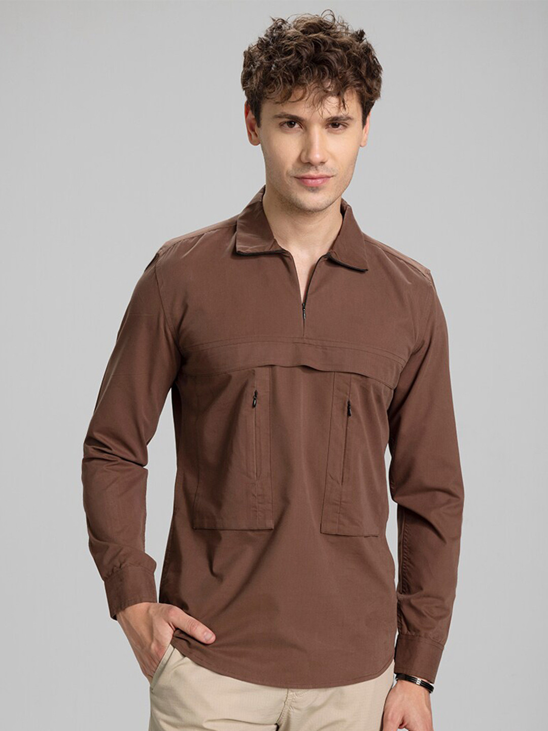 

Snitch Brown Slim Fit Pocket Detailing Cotton Casual Shirt