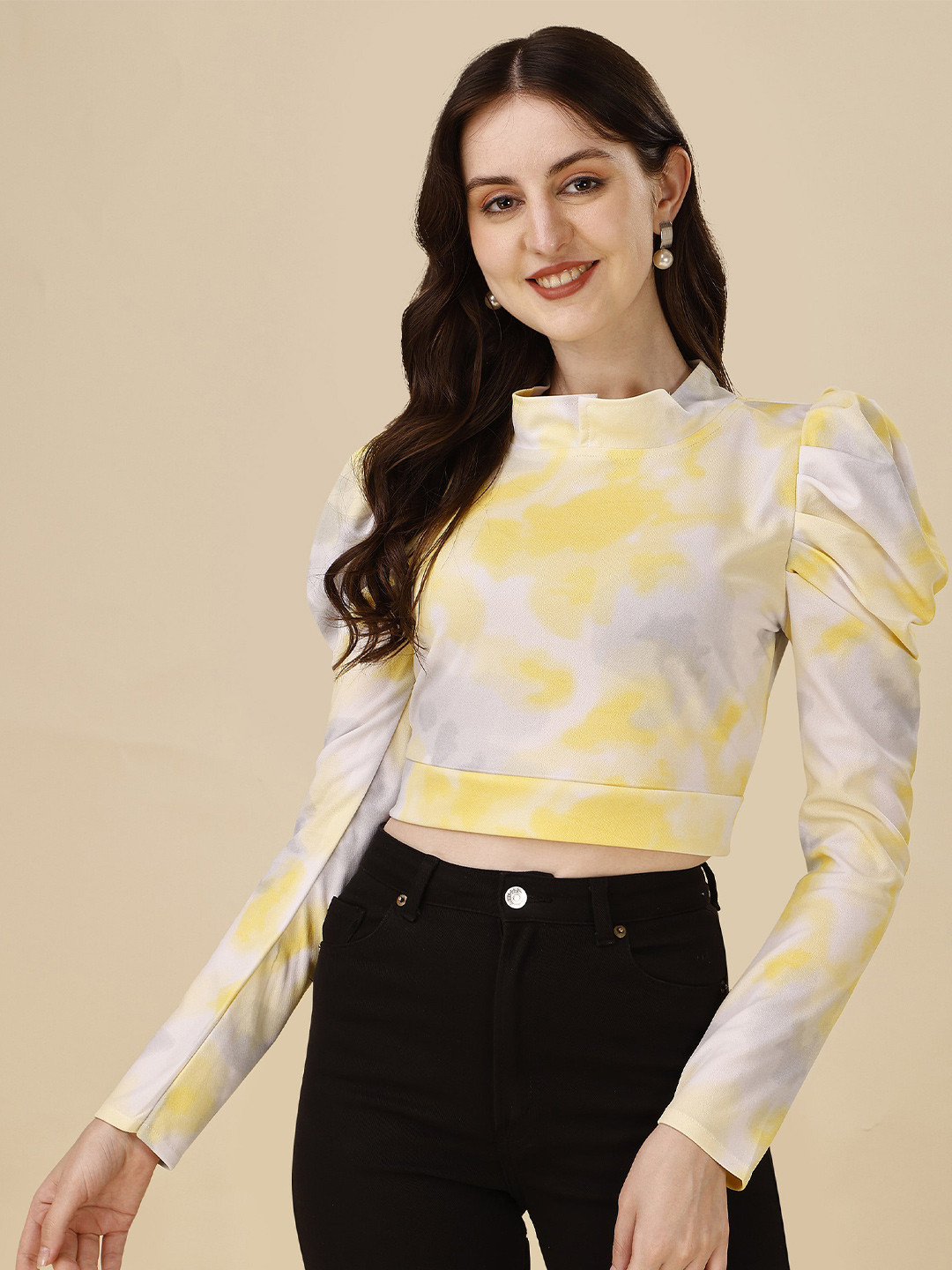 

Paralians Tie & Dye Dyed Puff Sleeves High Neck Crop Top, Yellow