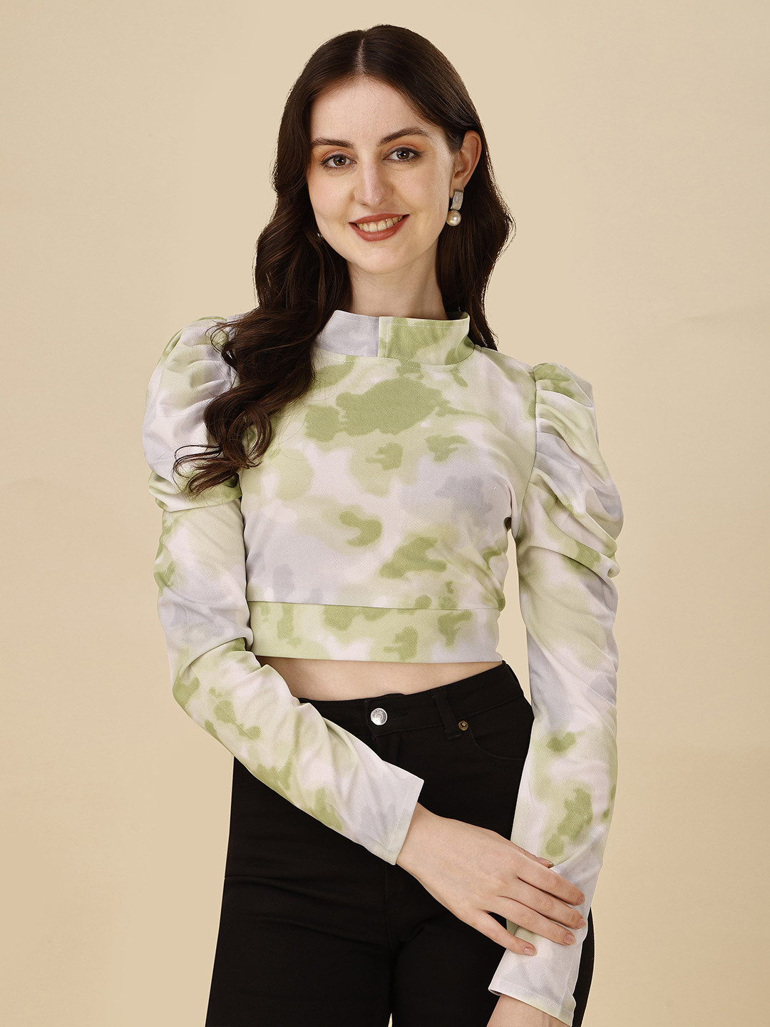 

Paralians Abstract Printed High Neck Puff Sleeve Crop Top, Off white