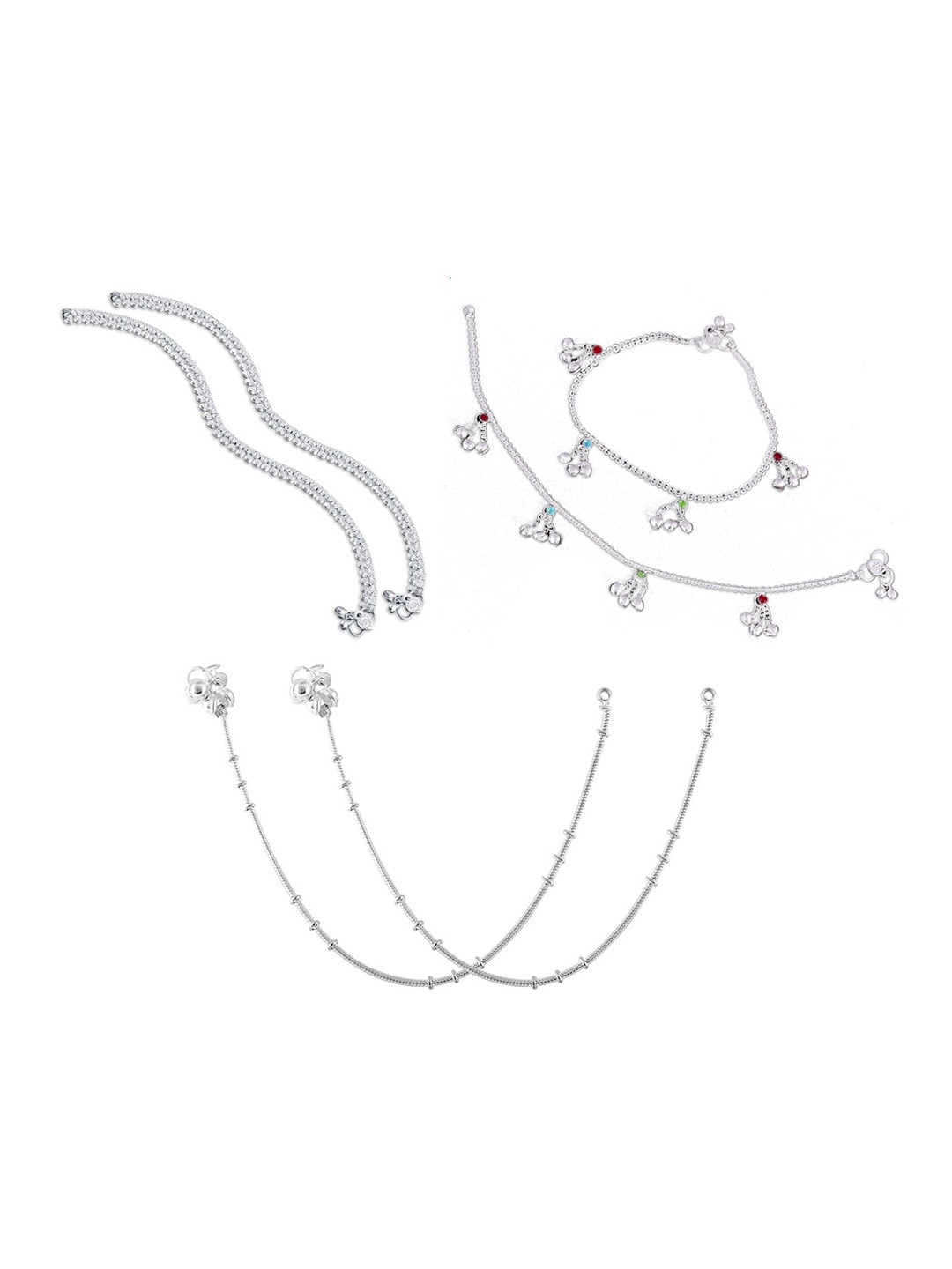 

RUHI COLLECTION Set Of 3 Silver-Plated Stone Studded Anklets