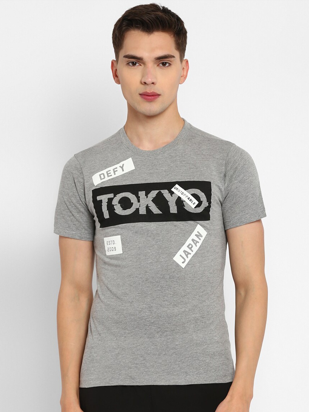 

Yuuki Typography Printed Antimicrobial Sports T-shirt, Grey melange