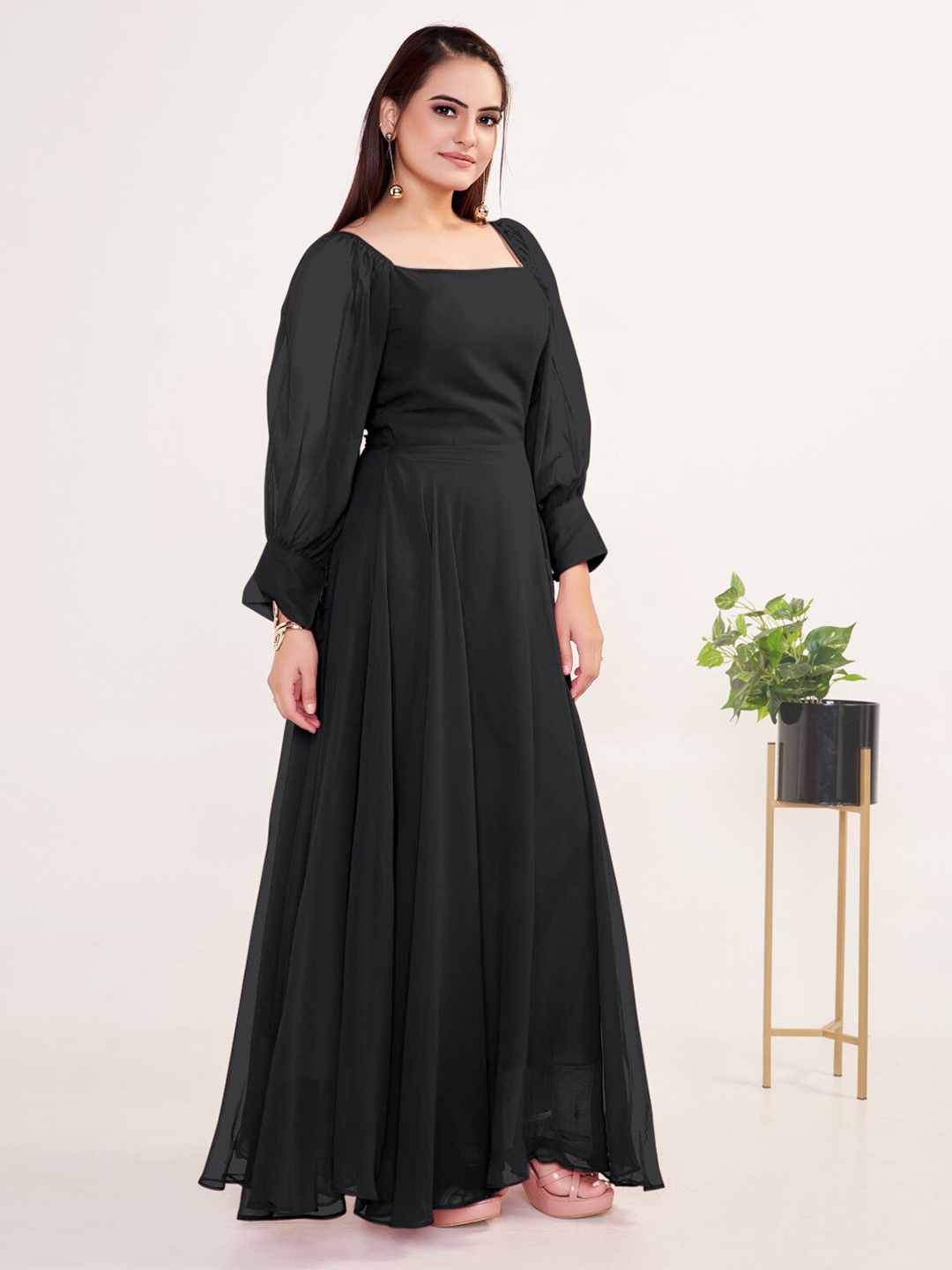 

Femvy Square Neck Bell Sleeves Georgette Maxi Dress, Black