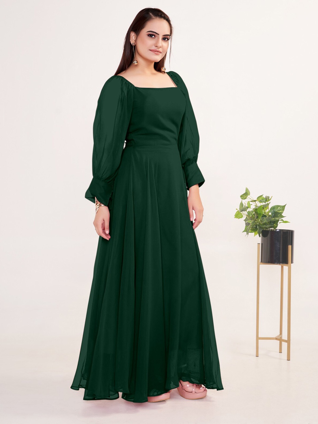 

Femvy Square Neck Bell Sleeves Georgette Maxi Dress, Green