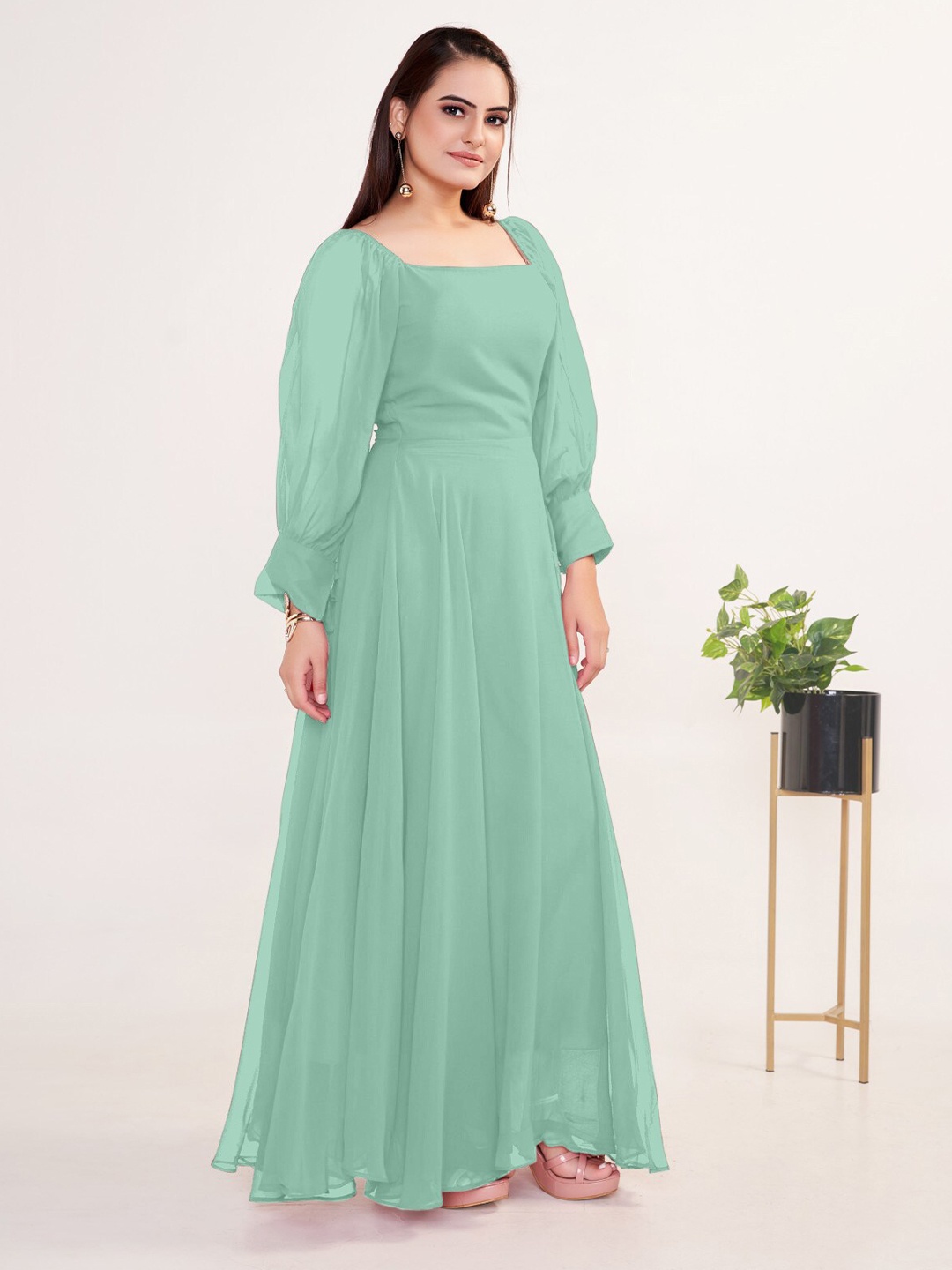 

Femvy Square Neck Bell Sleeves Georgette Maxi Dress, Sea green