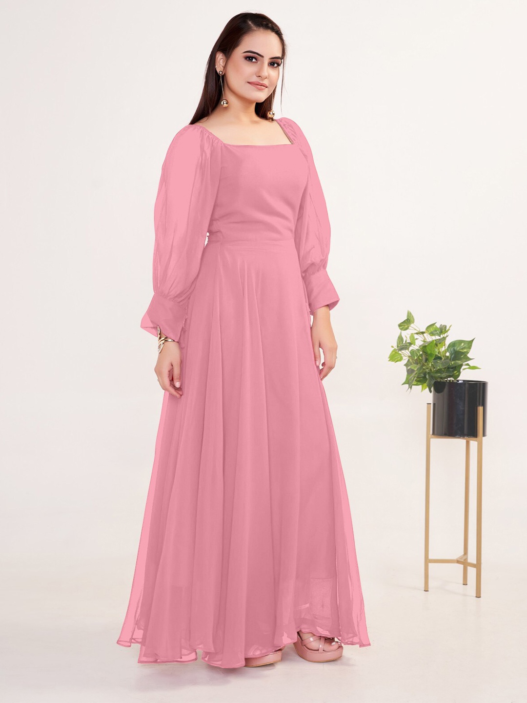 

Femvy Square Neck Bell Sleeves Georgette Maxi Dress, Peach