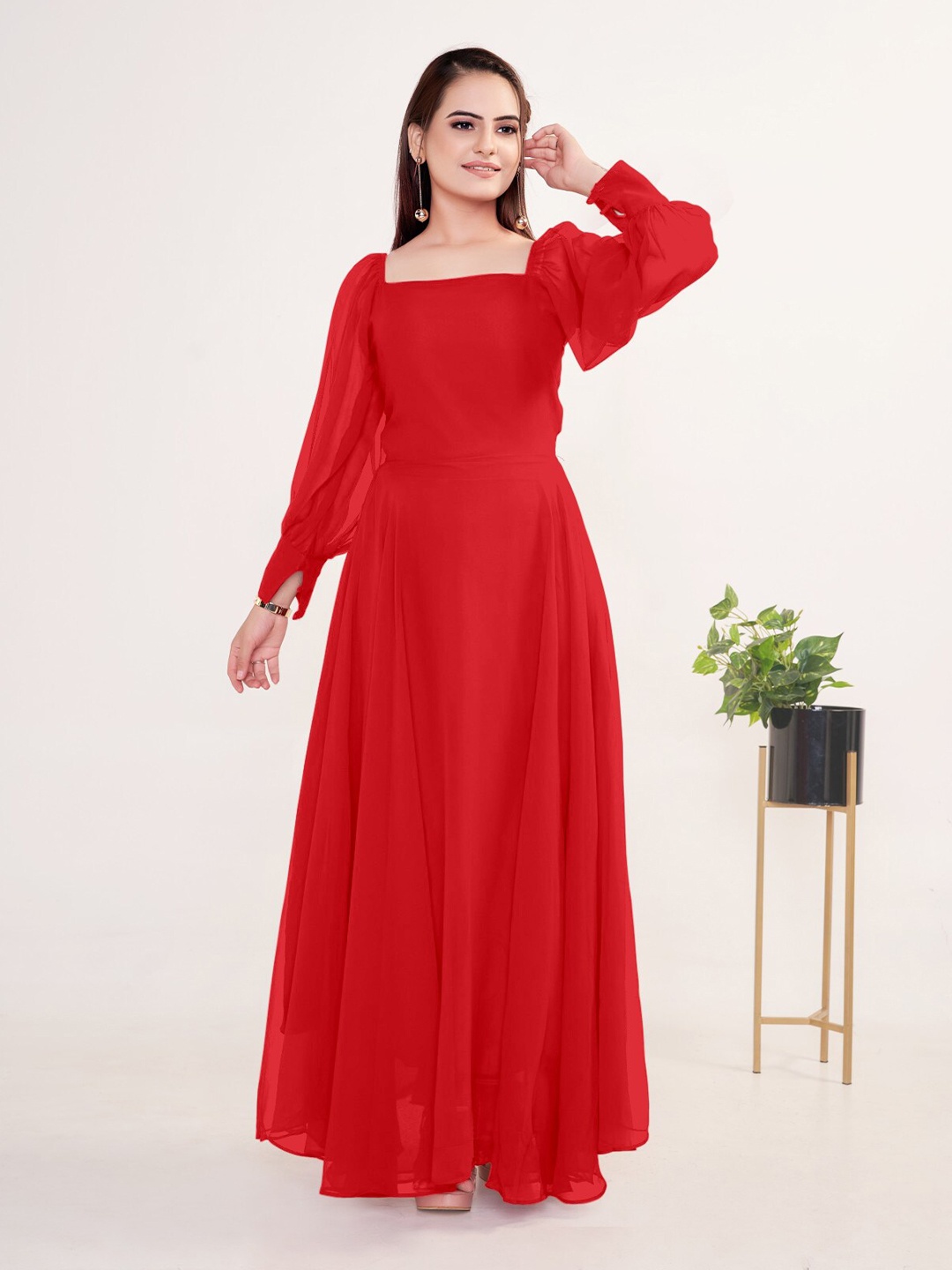 

Femvy Square Neck Bell Sleeves Georgette Maxi Dress, Red