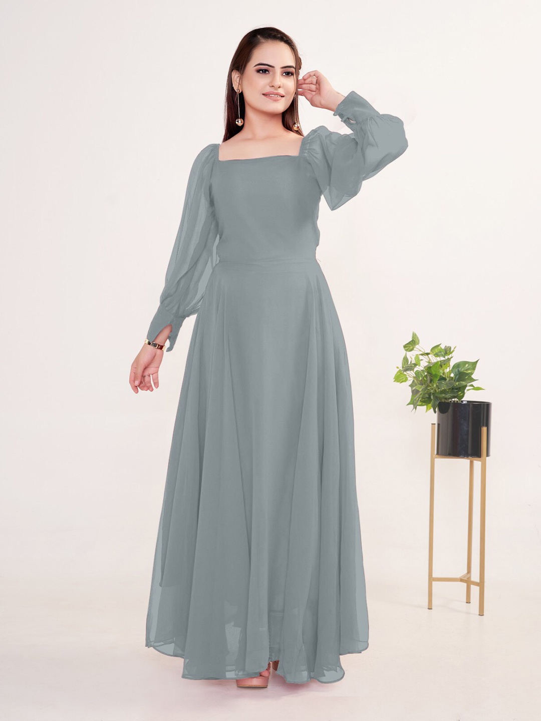 

Femvy Square Neck Bell Sleeves Georgette Maxi Dress, Grey