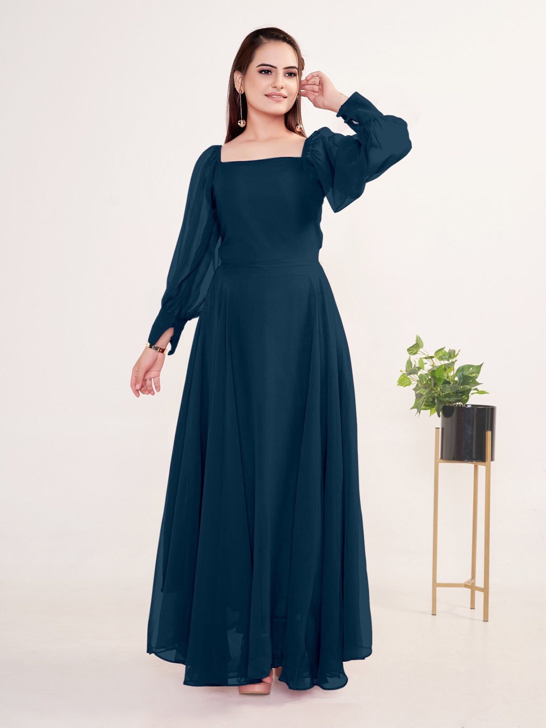 

Femvy Square Neck Bell Sleeves Georgette Maxi Dress, Teal