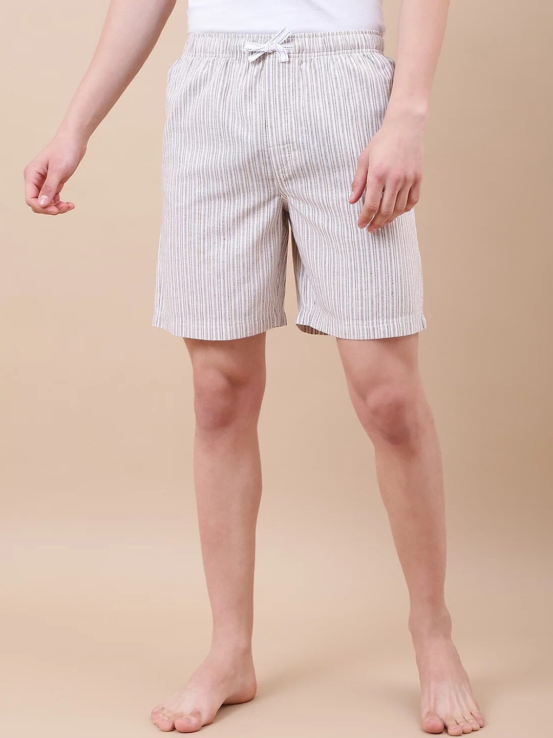 

Marks & Spencer Men Striped Cotton Linen Lounge Shorts, Beige