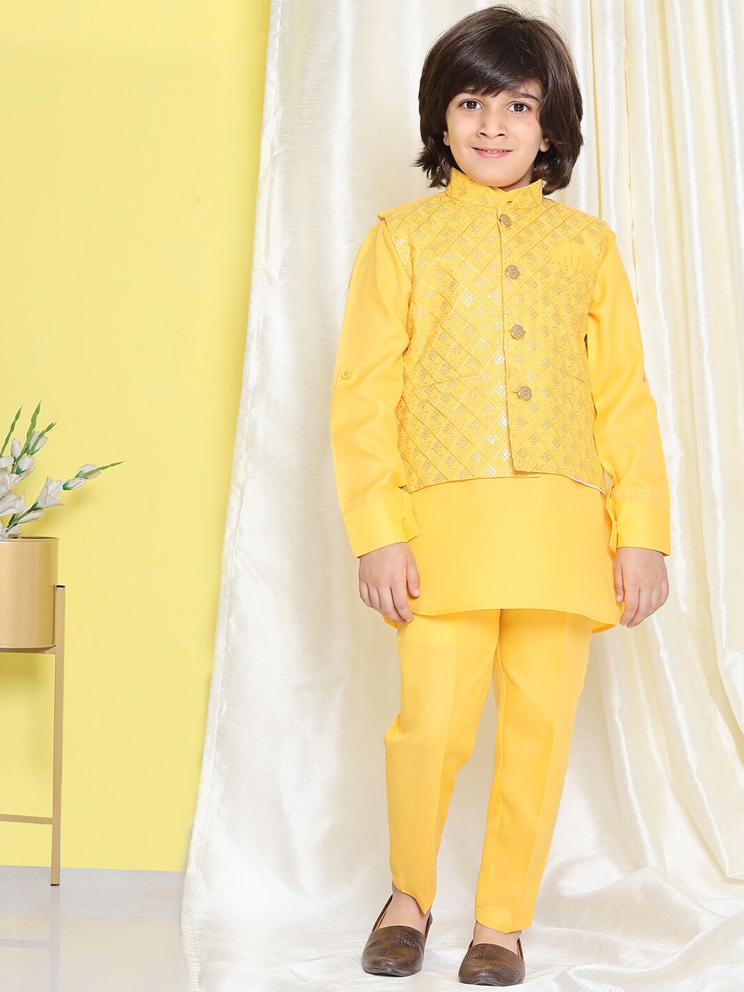 

Aj DEZInES Boys Regular Pure Cotton Kurta With Trousers & Nehru Jacket, Mustard