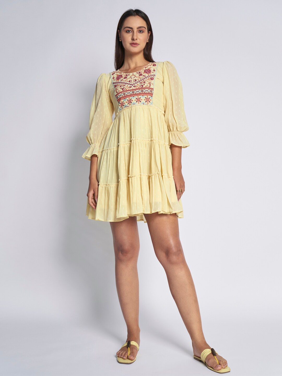

DressBerry Yellow & Pink Floral Embroidered Puff Sleeve Fit & Flare Dress