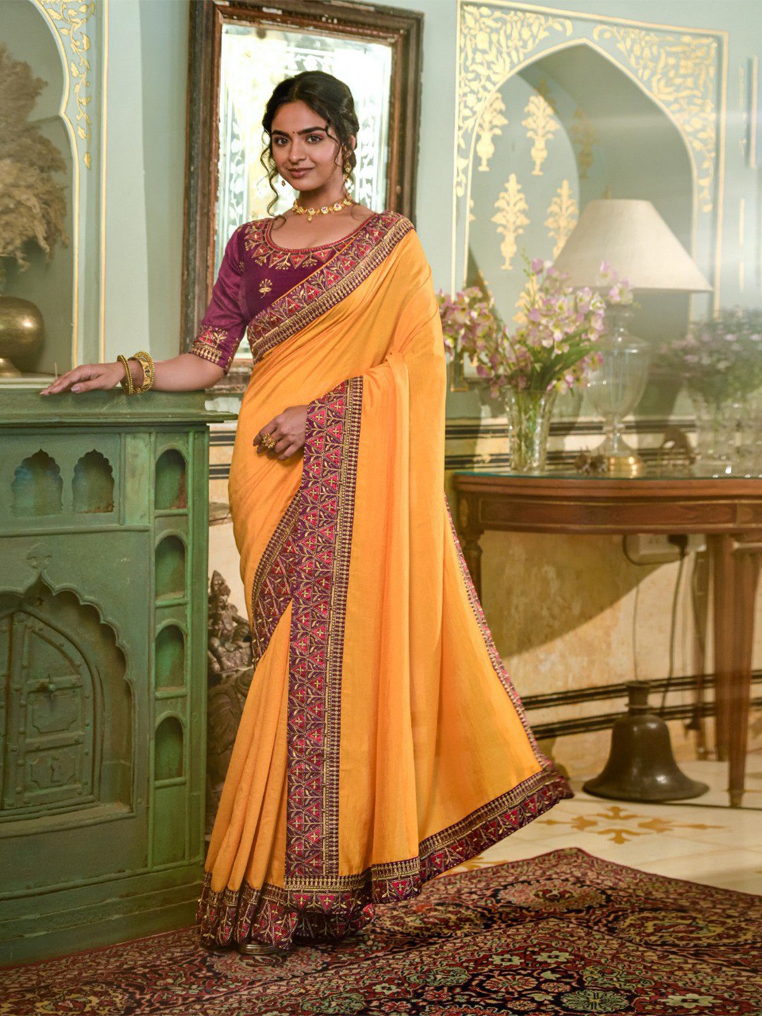

VEERAX Ethnic Motif Embroidered Art Silk Saree With Blouse Piece, Yellow