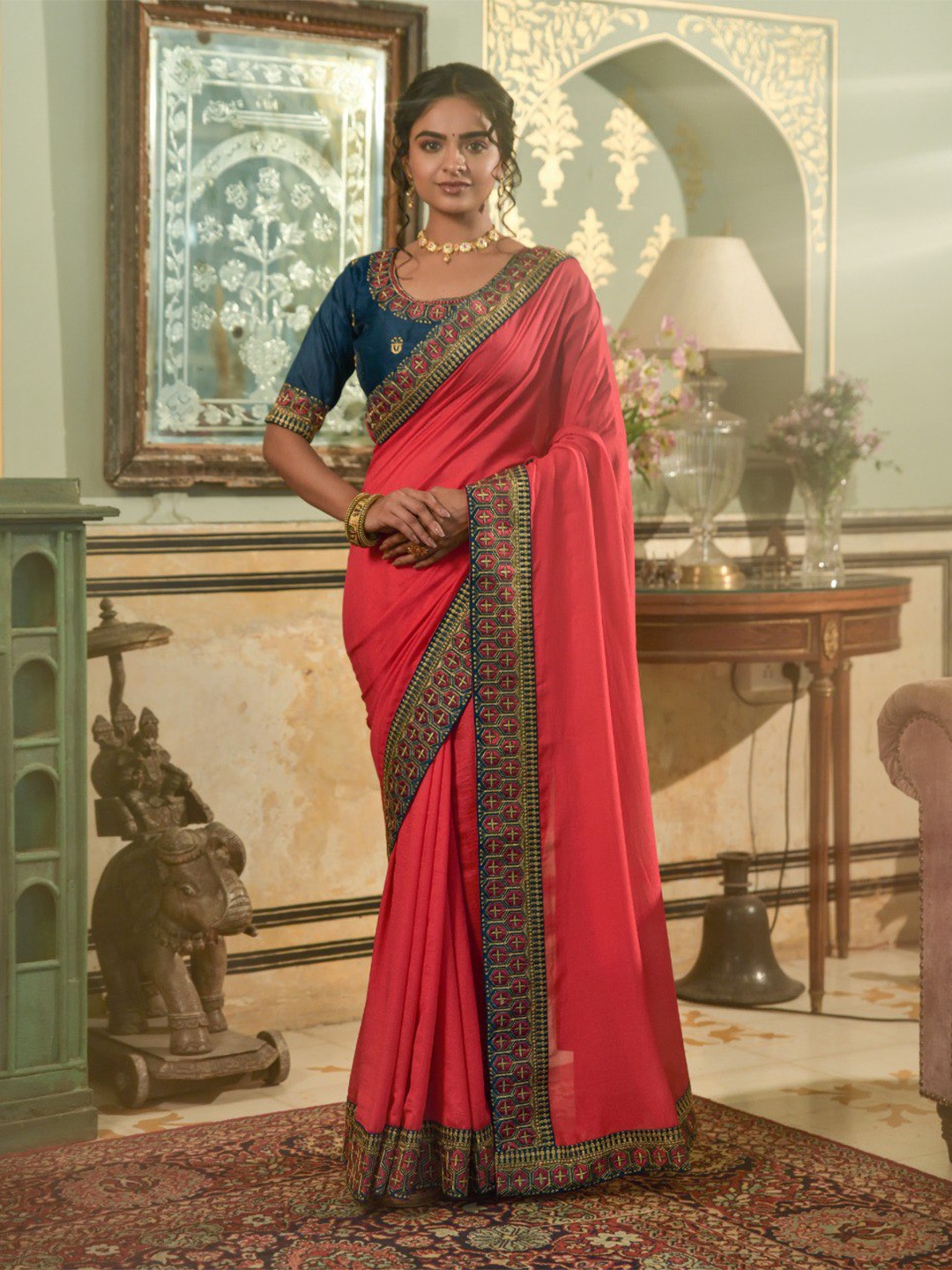 

VEERAX Ethnic Motif Embroidered Art Silk Saree With Blouse Piece, Red