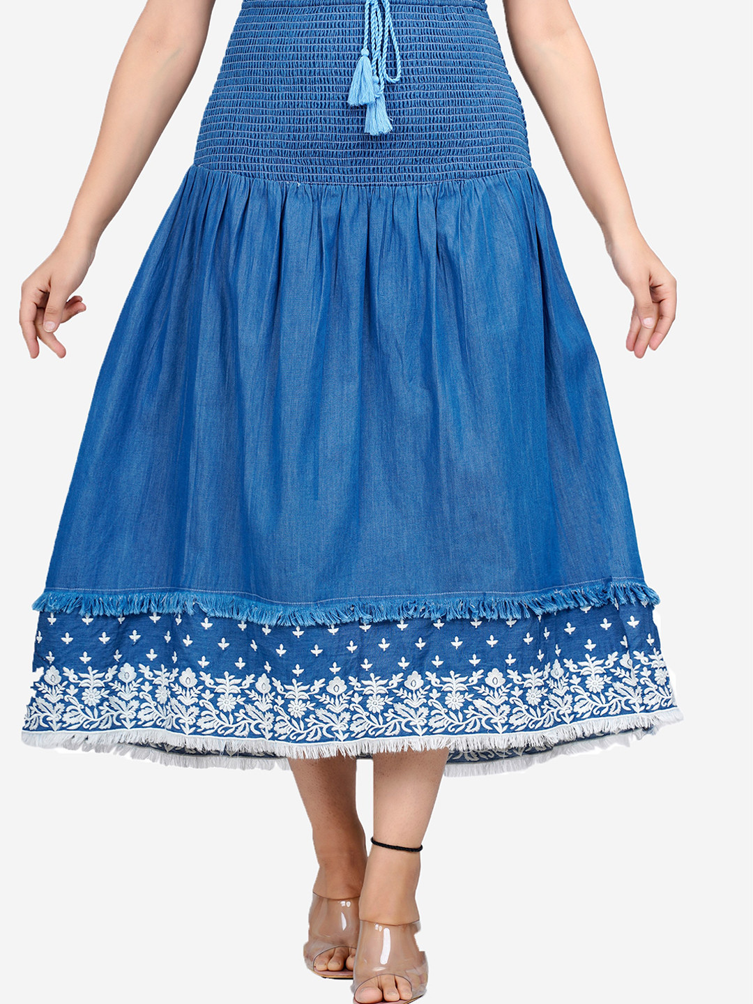 

SUMAVI-FASHION Embroidered Denim A-Line Midi Skirt, Blue