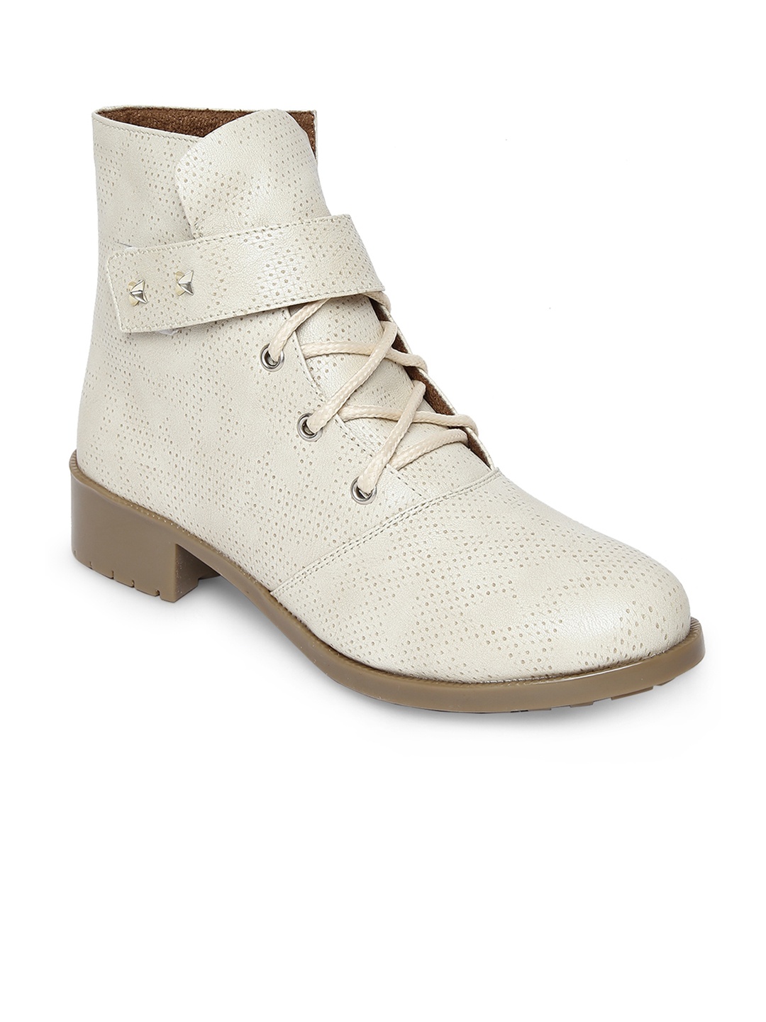 

Marc Loire Women Cream-Coloured Perforations Synthetic Leather Mid-Top Flat Boots