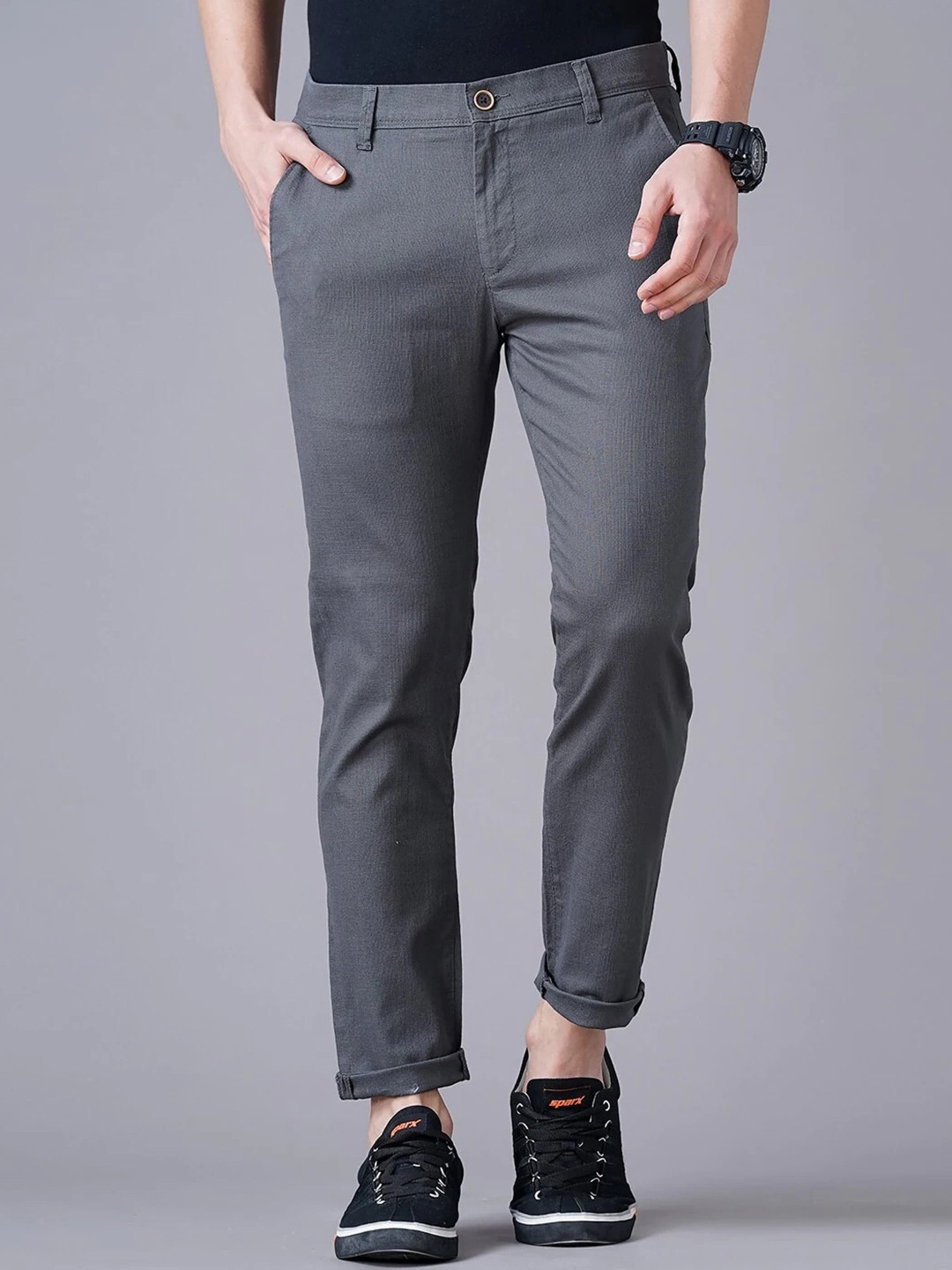 

British Club Men Smart Slim Fit Low Rise Chinos Trousers, Grey