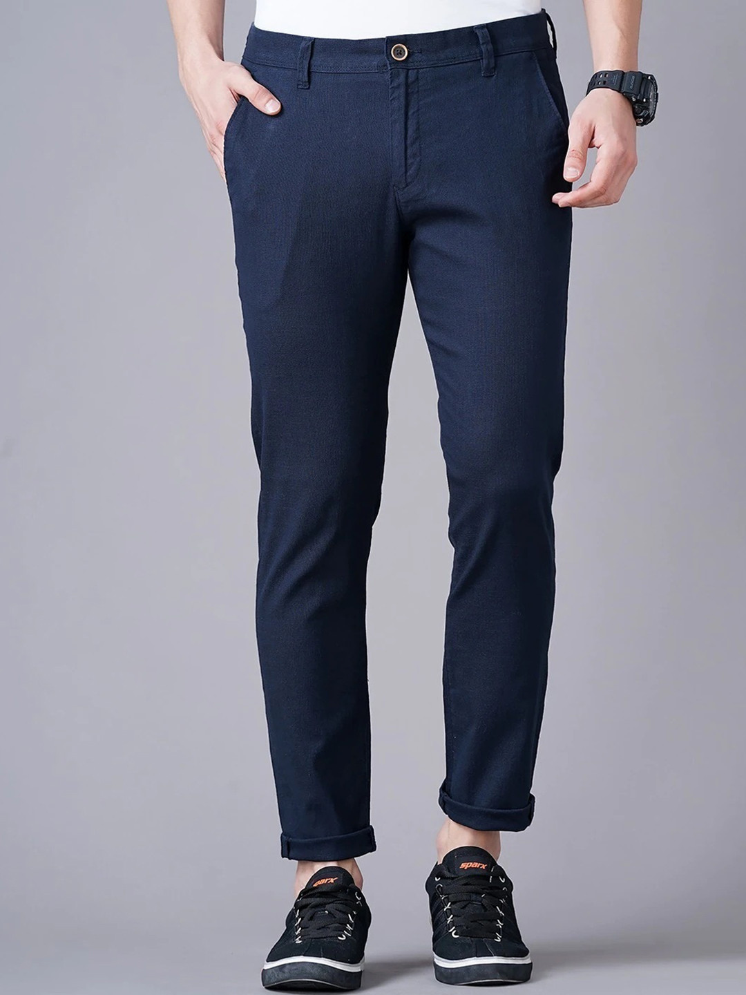 

British Club Men Smart Slim Fit Low Rise Chinos Trousers, Navy blue