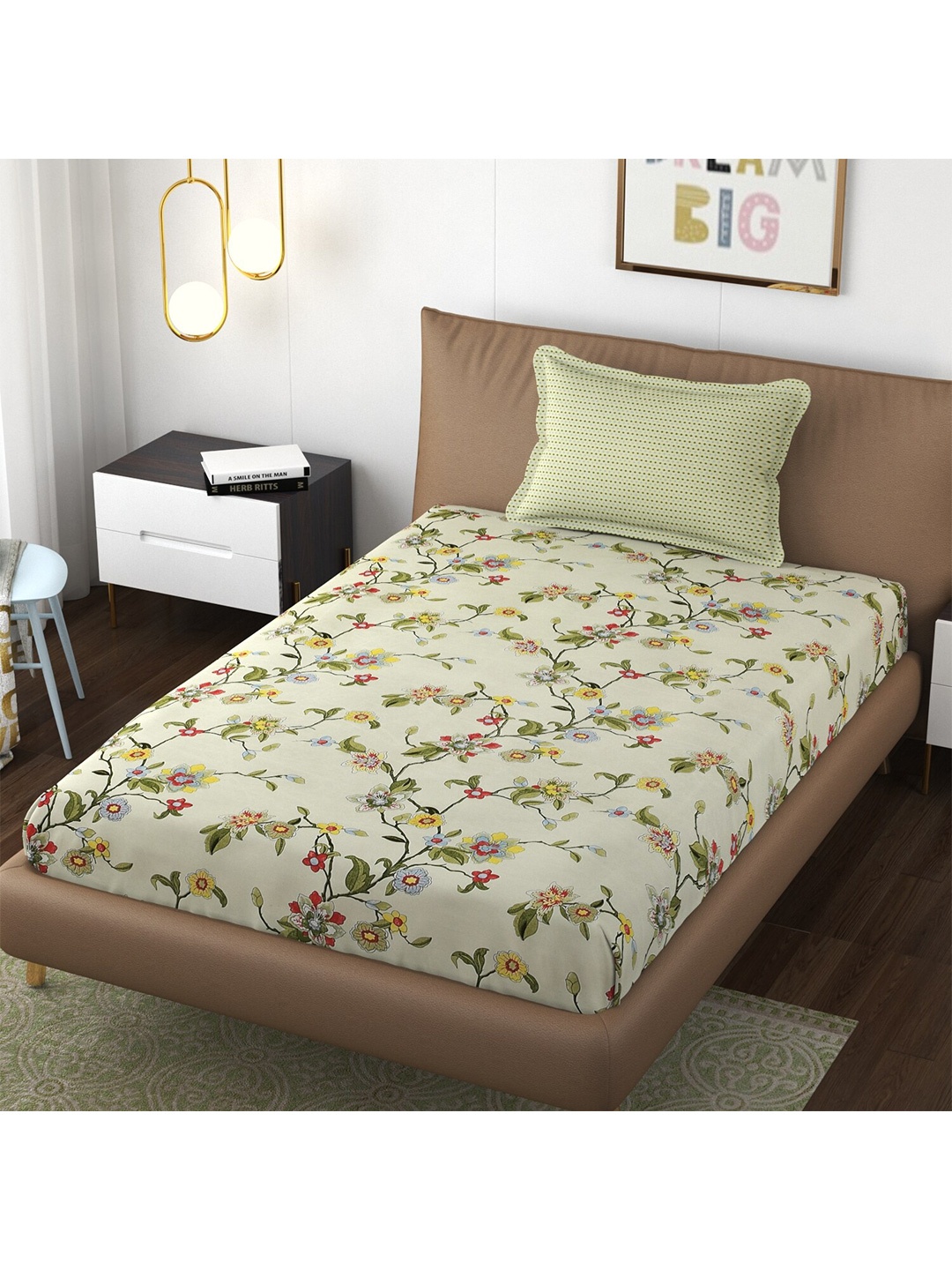 Florida Green & Red Floral 250 TC Fitted Single Bedsheet & 1 Pillow Covers