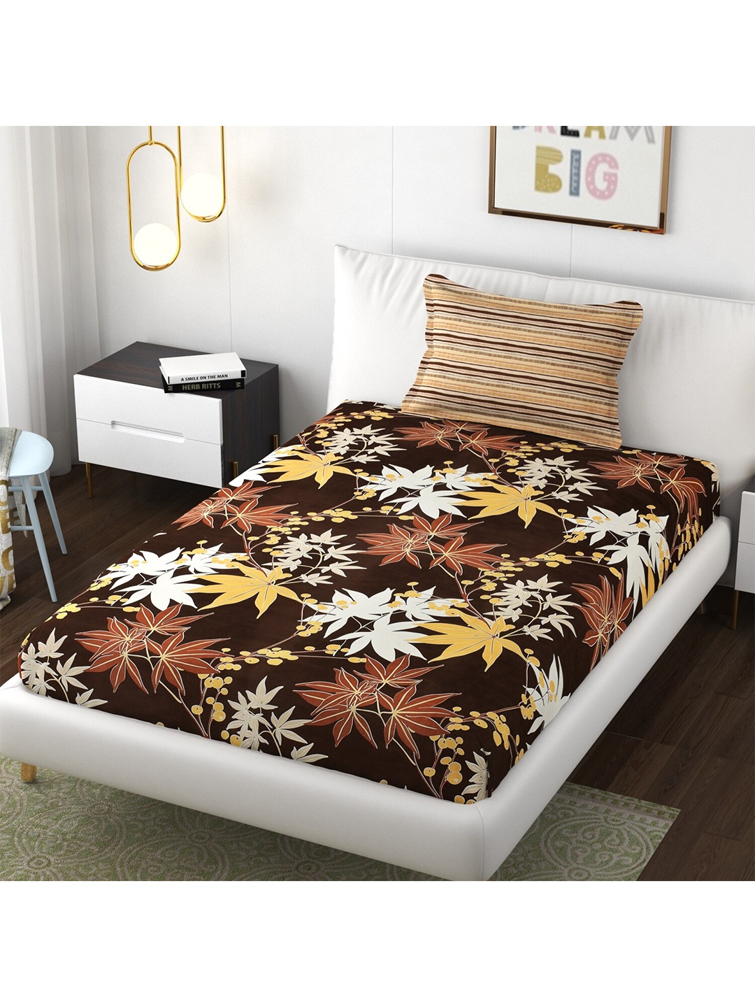 

Florida Brown & White Ethnic Motifs 250 TC Fitted Single Bedsheet With 1 Pillow Cover