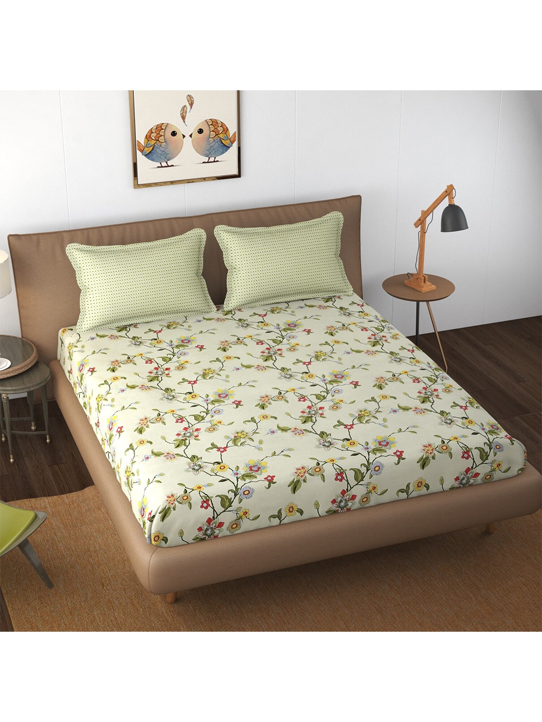 

Florida Green & Pink Floral 250 TC Fitted King Bedsheet With 2 Pillow Covers