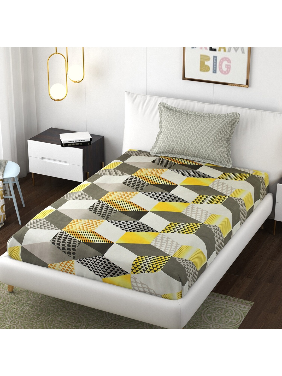 

Florida Yellow & White Geometric 250 TC Fitted Single Bedsheet With 1 Pillow Cover