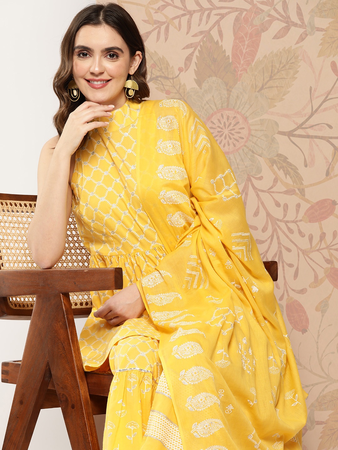 

KALINI Ethnic Motifs Printed Pleated Pure Cotton Kurti with Sharara & Dupatta, Yellow