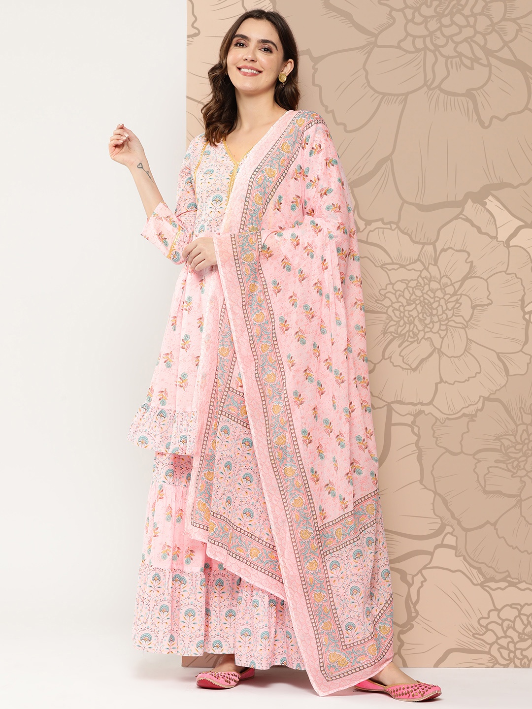 

KALINI Floral Printed Gotta Patti Pure Cotton Kurta with Sharara & Dupatta, Pink