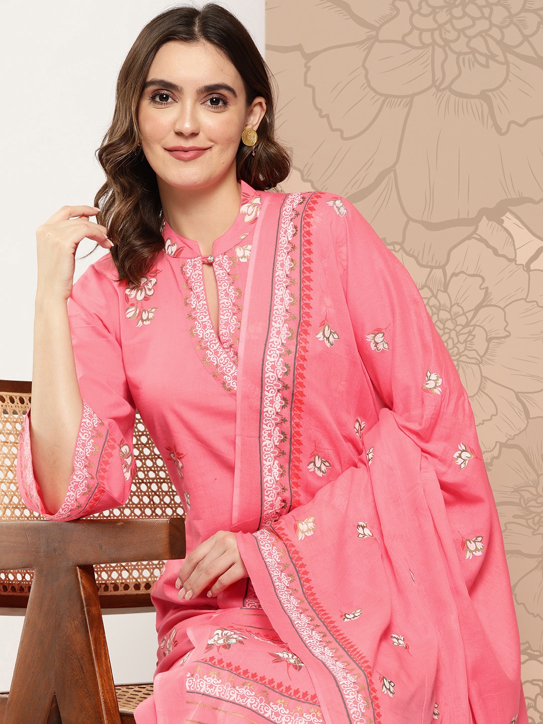 

KALINI Women Floral Printed Angrakha Pure Cotton Kurta with Palazzos & With Dupatta, Pink