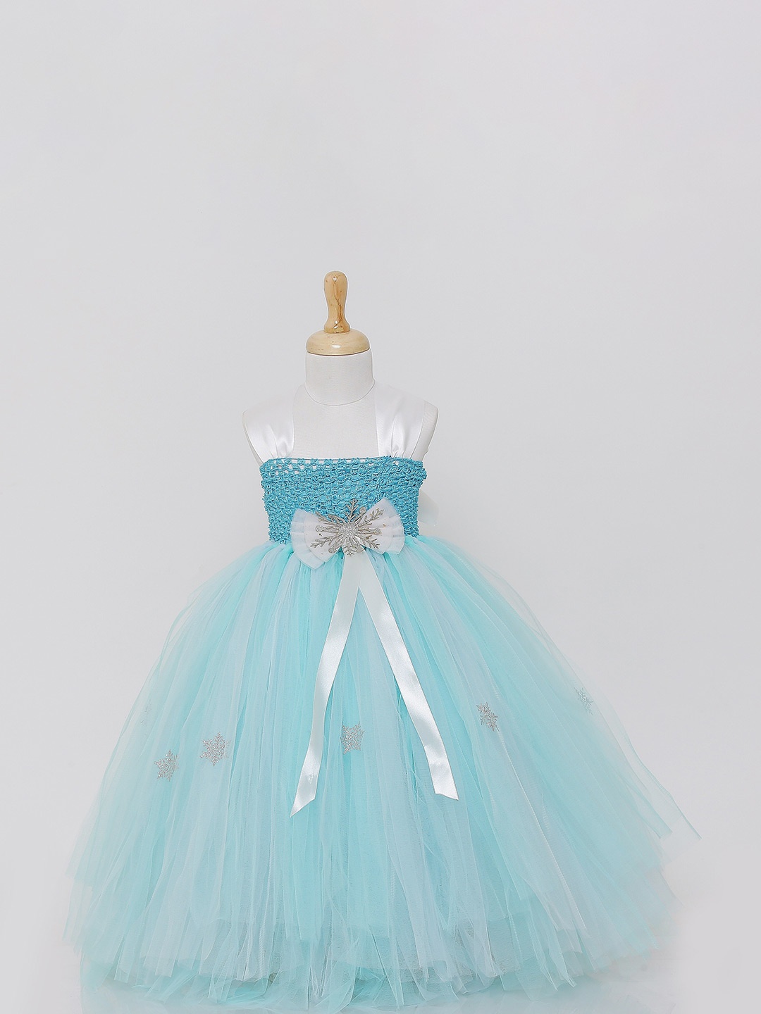 

TINY MINY ME Girls Self Design Shoulder Strap Bow Detailed Maxi Dress, Blue
