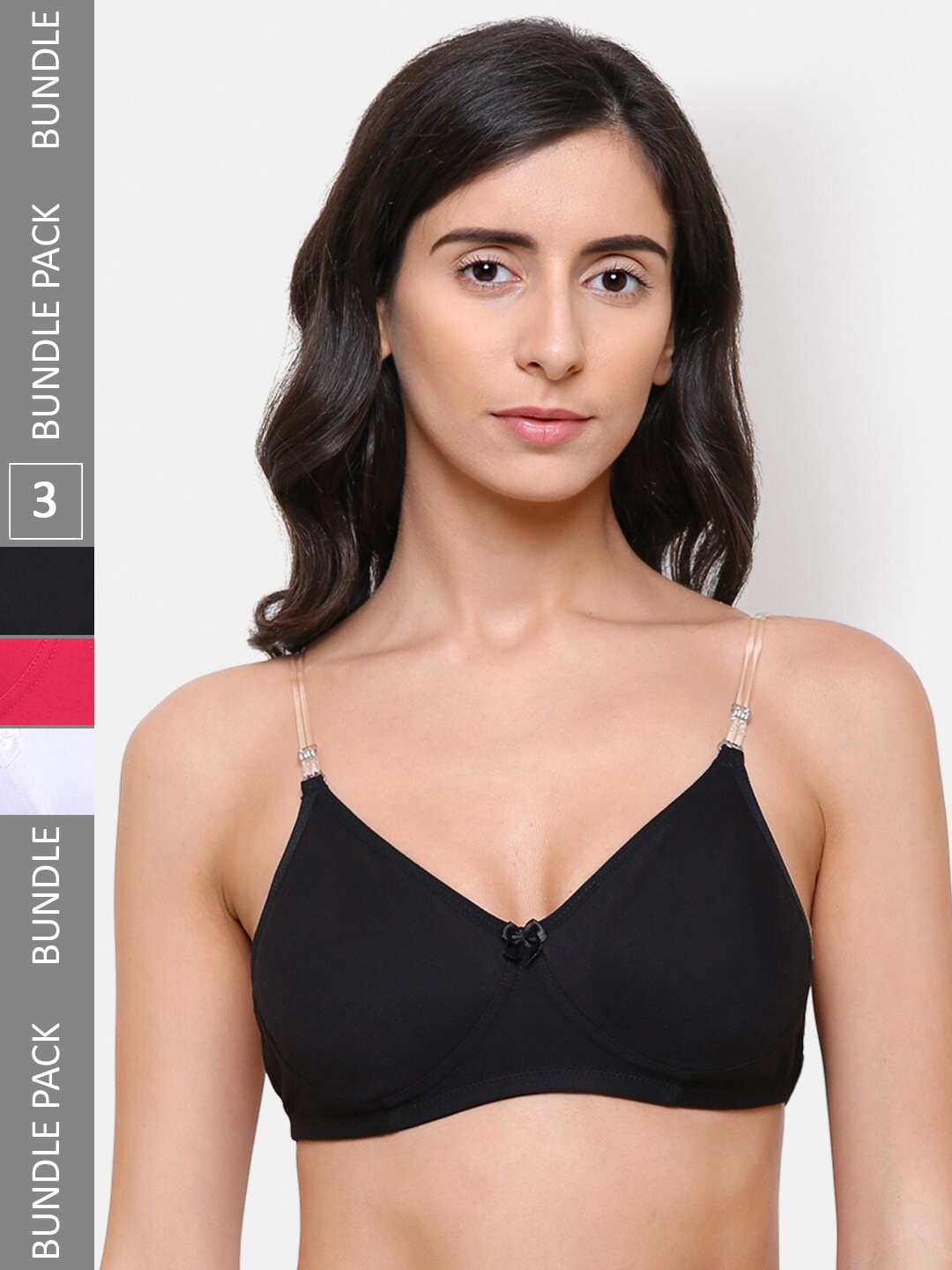

College Girl Pack of 3 Full Coverage Bra Backless-White-Black-Rani-White, Black, Hot Pink