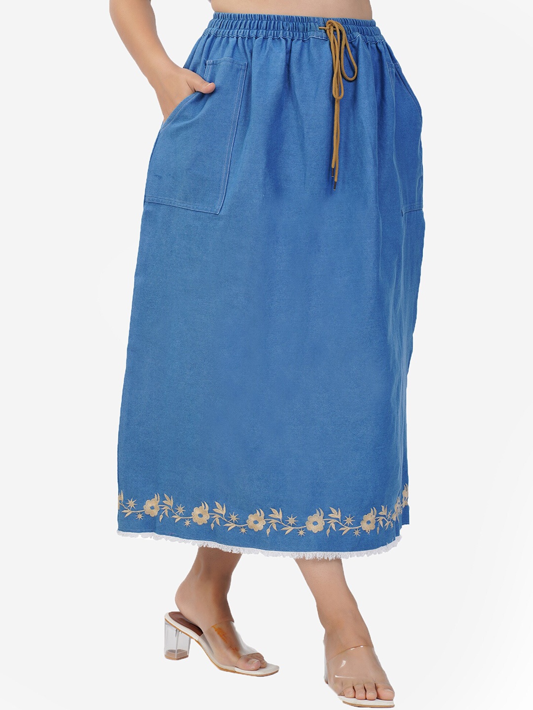 

SUMAVI-FASHION Embroidered Denim A-Line Maxi Skirt, Blue