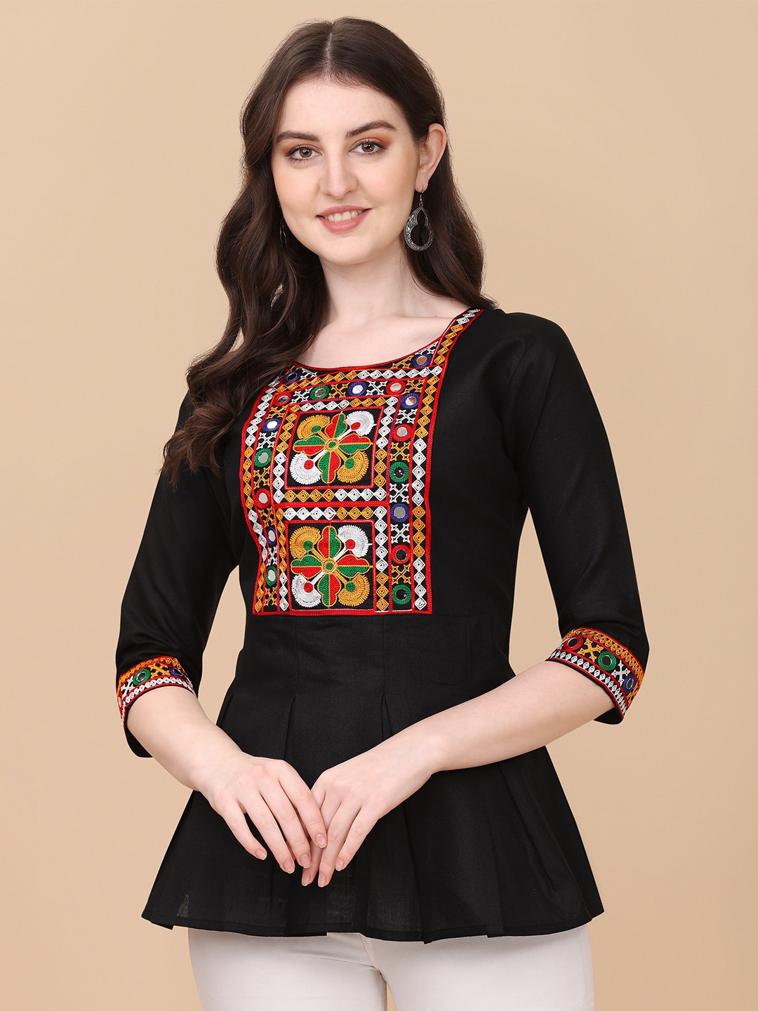 

Paralians Ethnic Motif Embroidered Peplum Top, Black