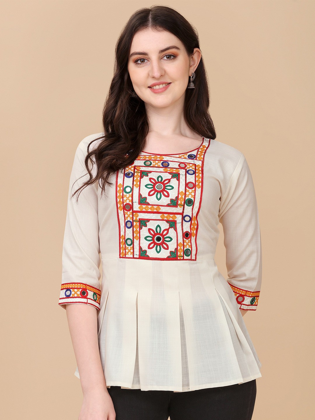 

Paralians Ethnic Motif Embroidered Peplum Top, White