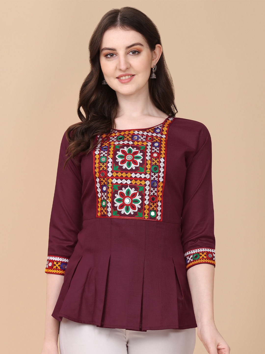 

Paralians Tribal Embroidered A-Line Top, Maroon