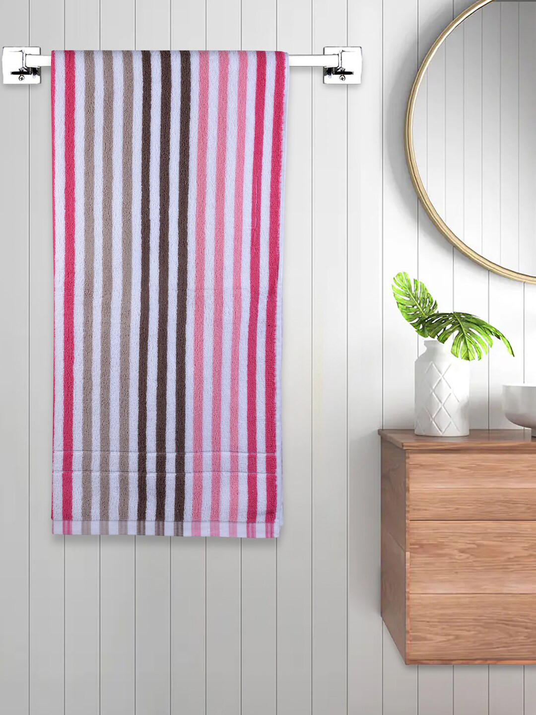 

FABINALIV White & Pink Striped 450 GSM Cotton Bath Towel