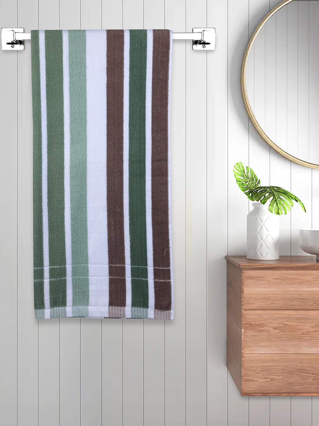 

FABINALIV Green 1 Piece Striped Cotton Bath Towel