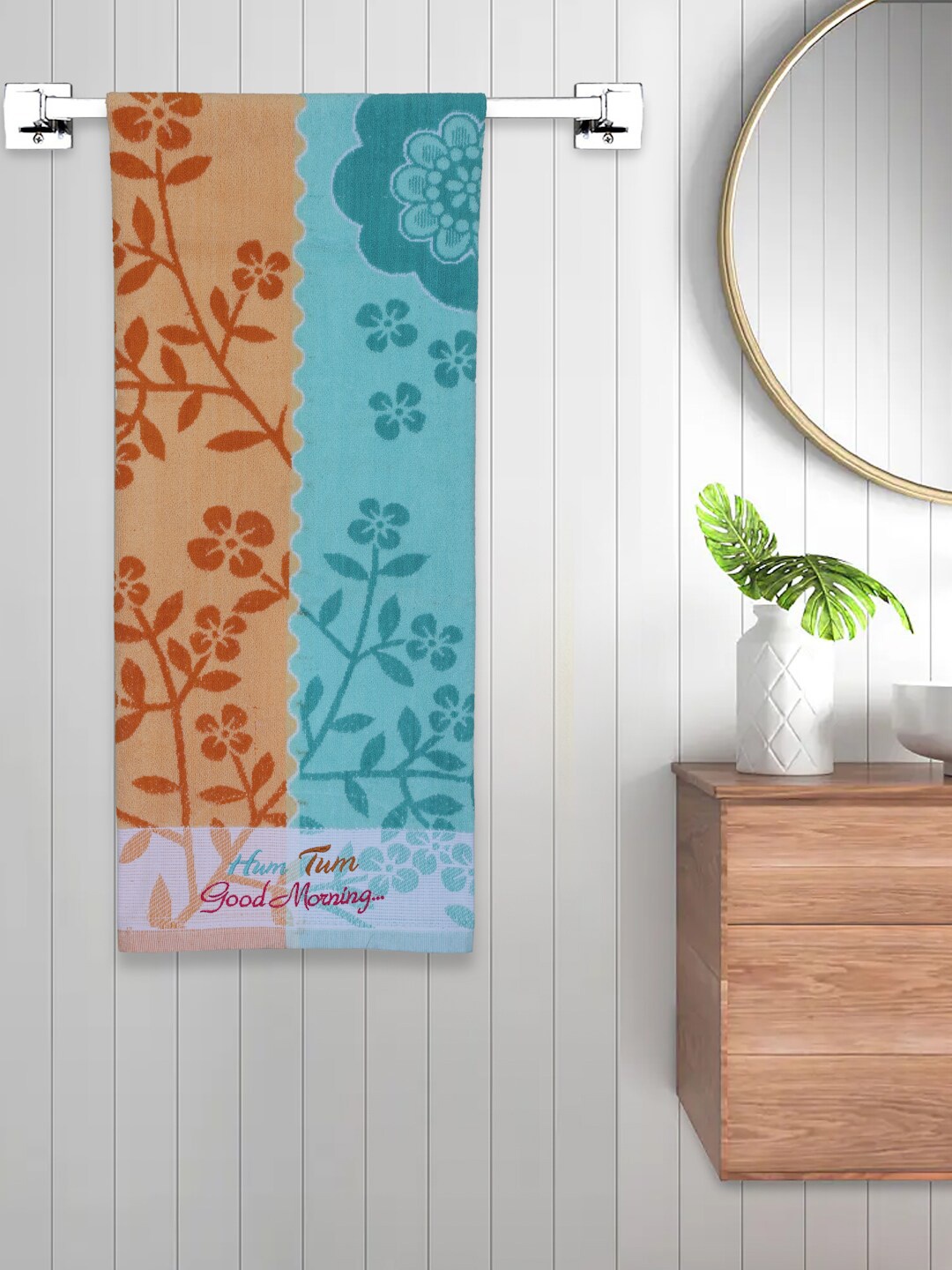 

FABINALIV Orange & Blue Floral Printed 450 GSM Cotton Bath Towel