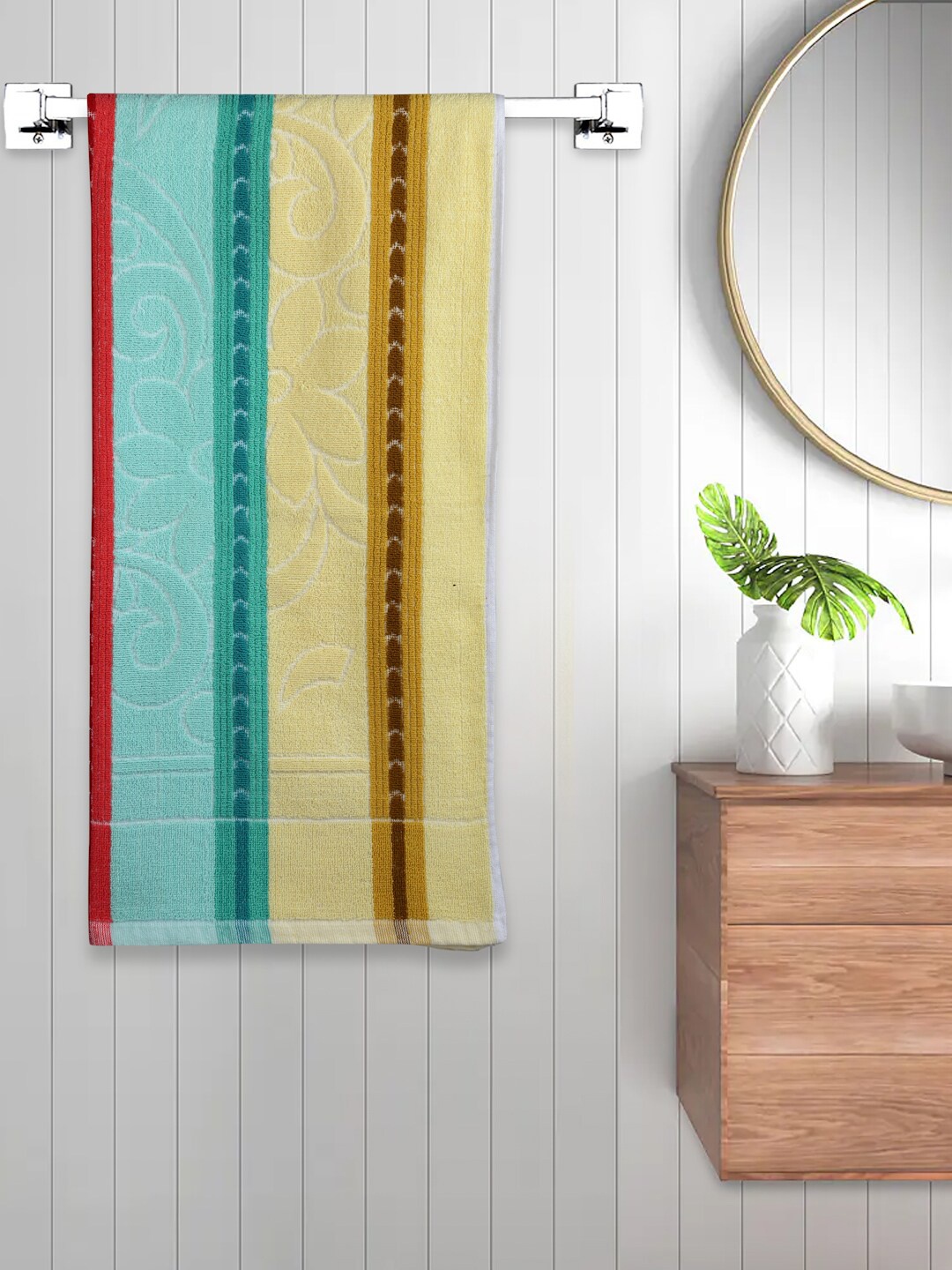 

FABINALIV Yellow & Blue Striped 450 GSM Cotton Bath Towel