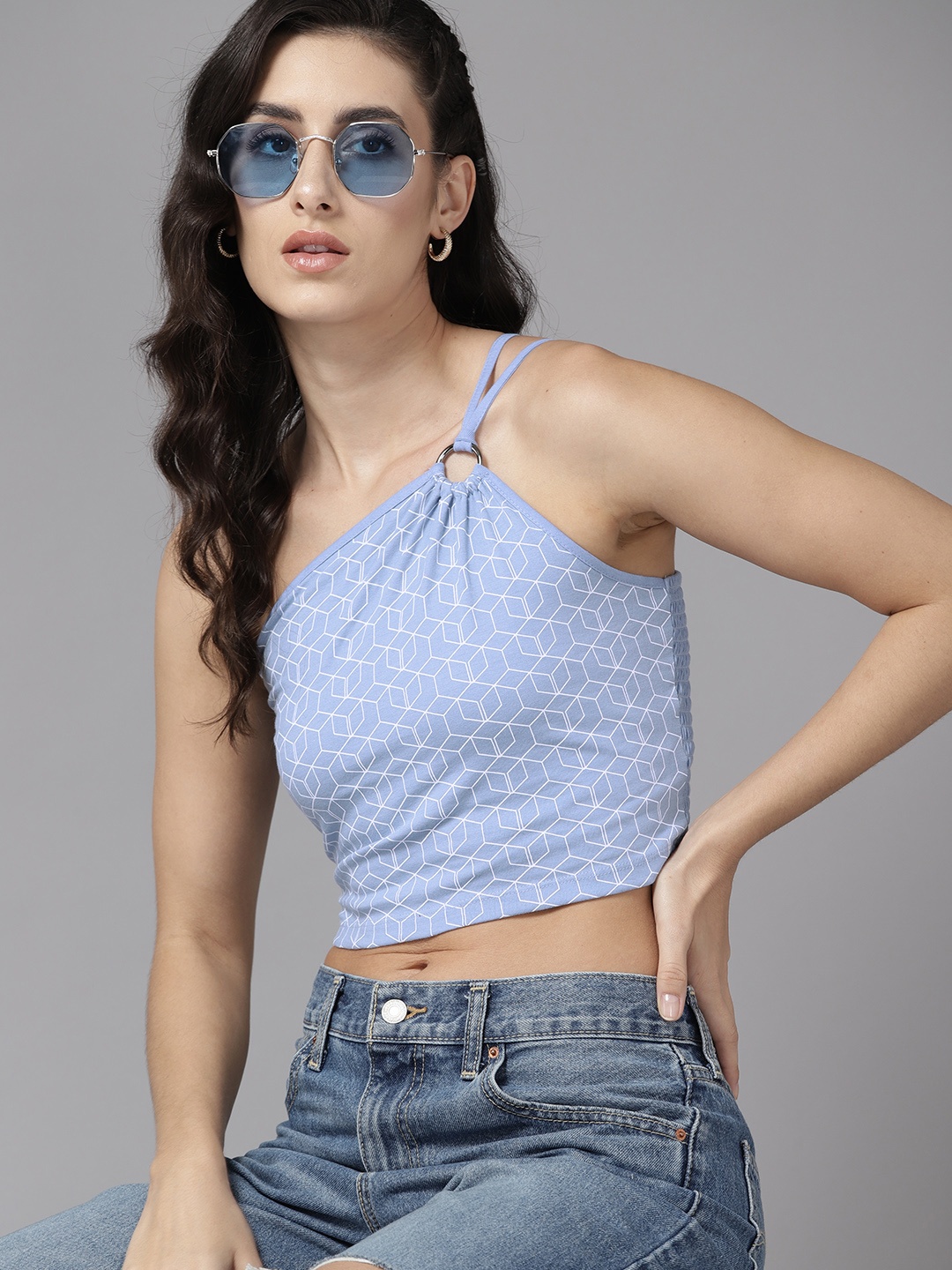 

The Roadster Lifestyle Co. Geometric Print One Shoulder Crop Top, Blue