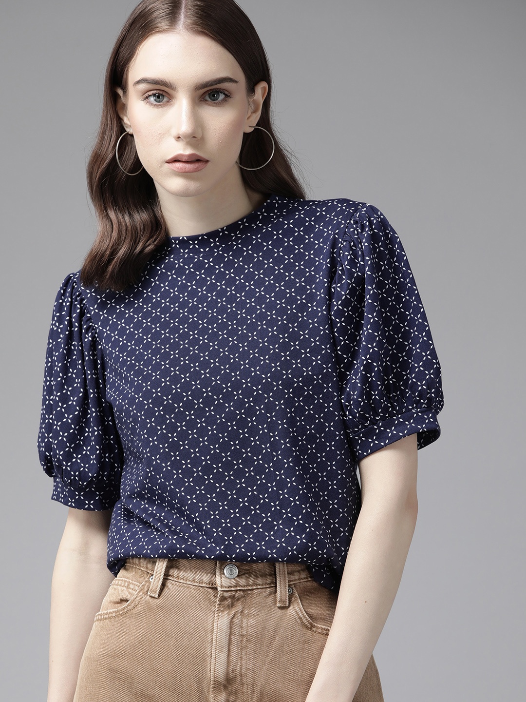 

The Roadster Lifestyle Co. Micro Printed Puff Sleeves Regular Fit Top, Blue